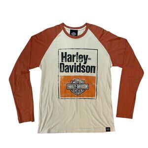 Harley-Davidson Museum Raglan Long Sleeve Shirt Orange Beige Graphic Tee L